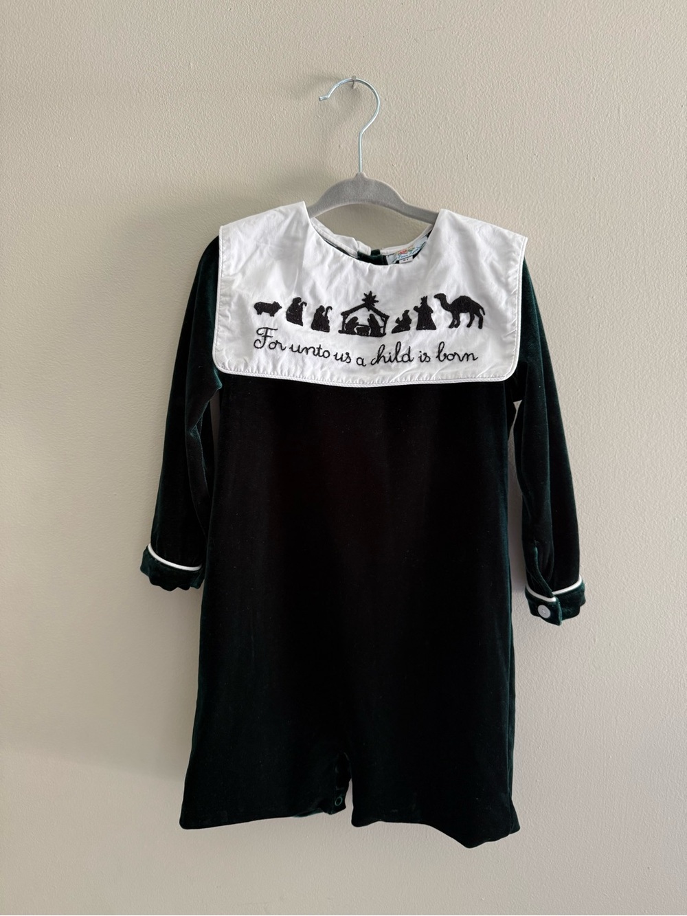 Boys Green Velvety Holiday Christmas Nativity Embroidered Bib Shortall